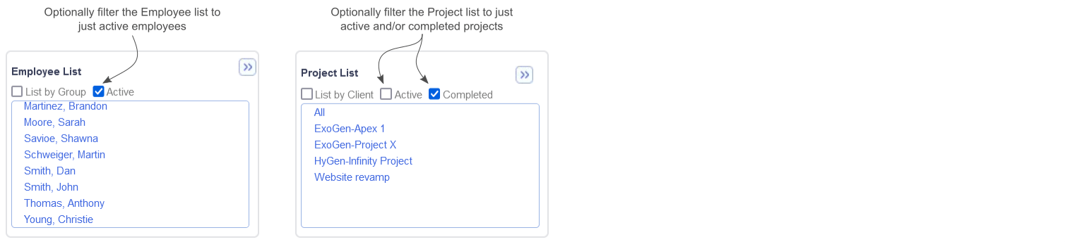 The Employee and Project list filters for a report are shown with the new checkboxes to filter the list data.