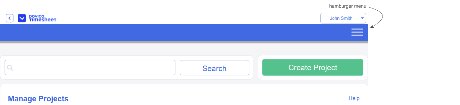 Timesheet's menu shown collapsed as a hamburger menu.