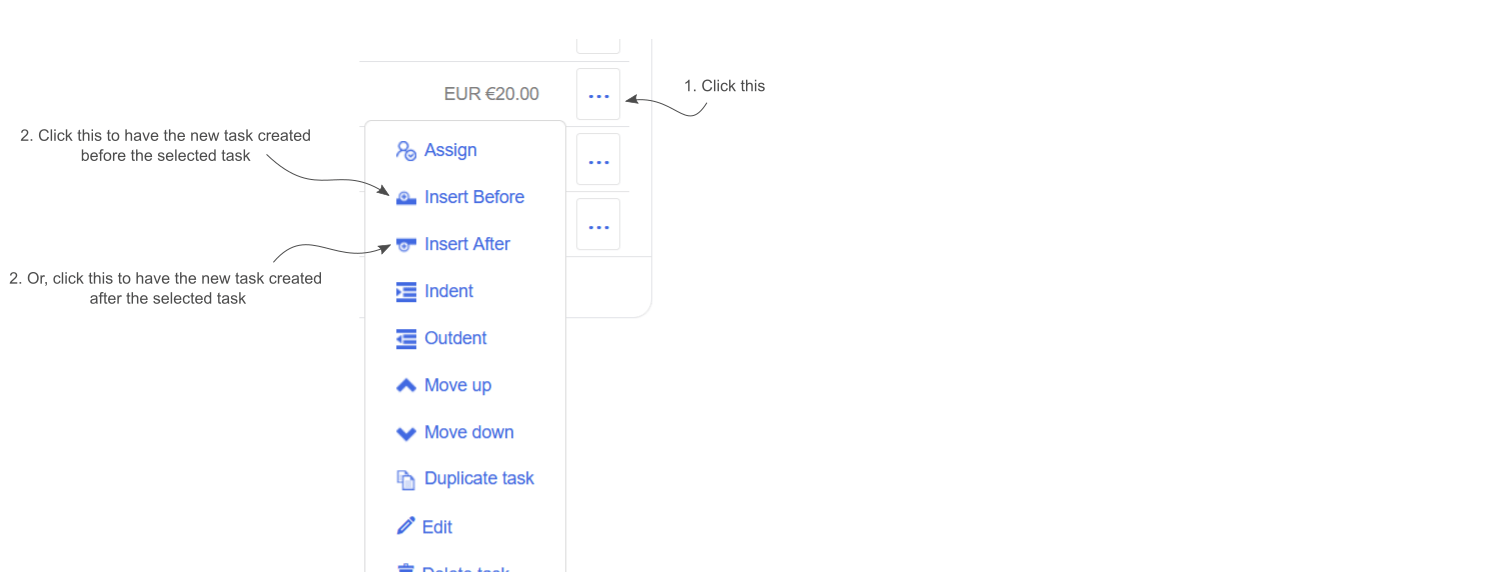 A task row's menu is displayed with the new Insert Before and Insert After menu items indicated.