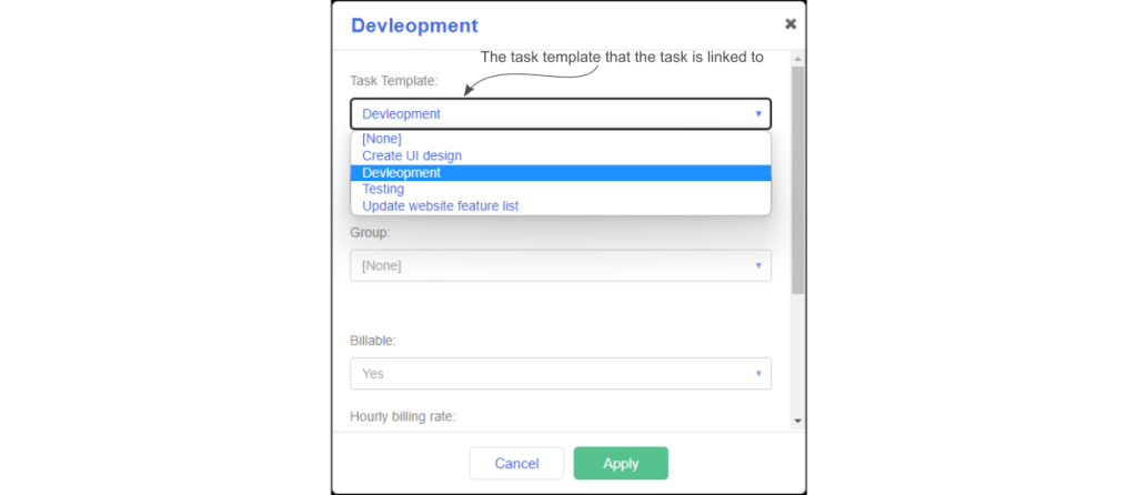 A Dovico Timesheet year in review item showing the modified task dialog that now contains a task template dropdown used to link a task to a task template.