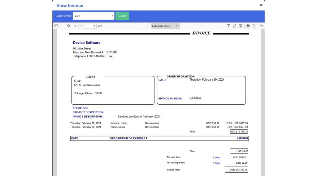 An example of an invoice generated for a bill.