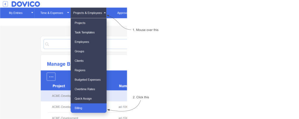 The menu item for the new Billing view in Dovico Timesheet.