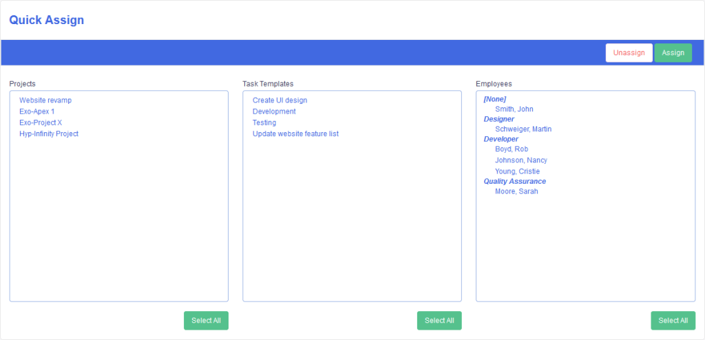 The new Quick Assign view in Timesheet