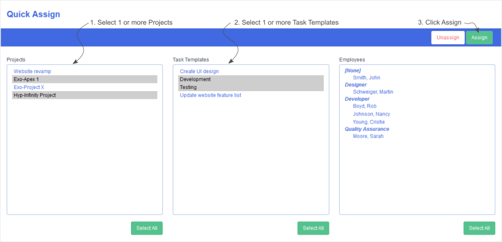 The steps needed to assign only tasks to the selected project.