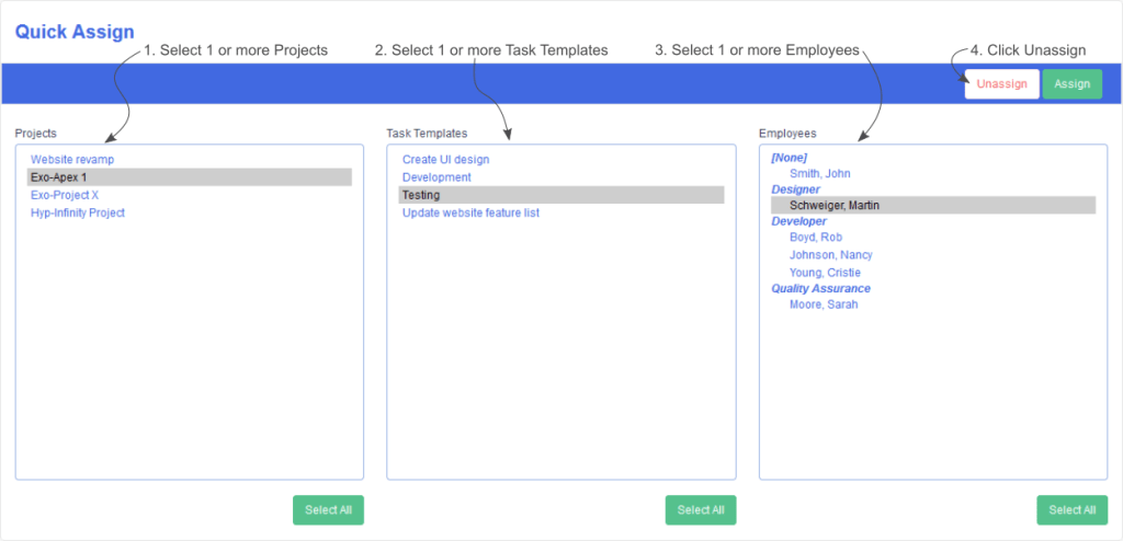 The steps needed to unassign employees from tasks linked to the selected task templates and projects.