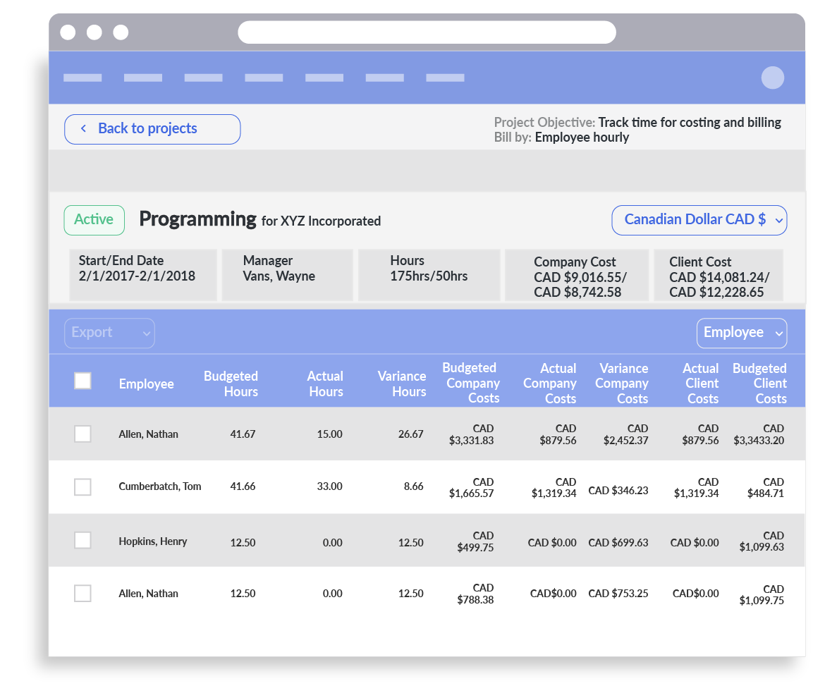 Timesheet Project Summary View