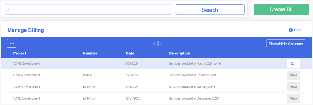 The new Billing view showing several bills with some that have been posted and one that is not.